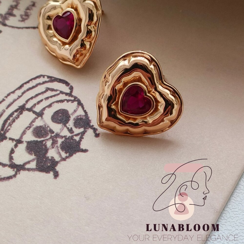 S925 Sterling Silver 18K Gold-Plated Ruby Heart Earrings